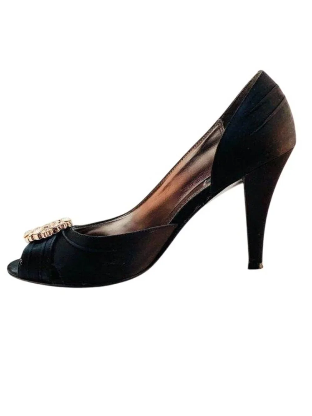 Style & Co Black Satin Peep Toe Heels With Rhinestone Embellishment